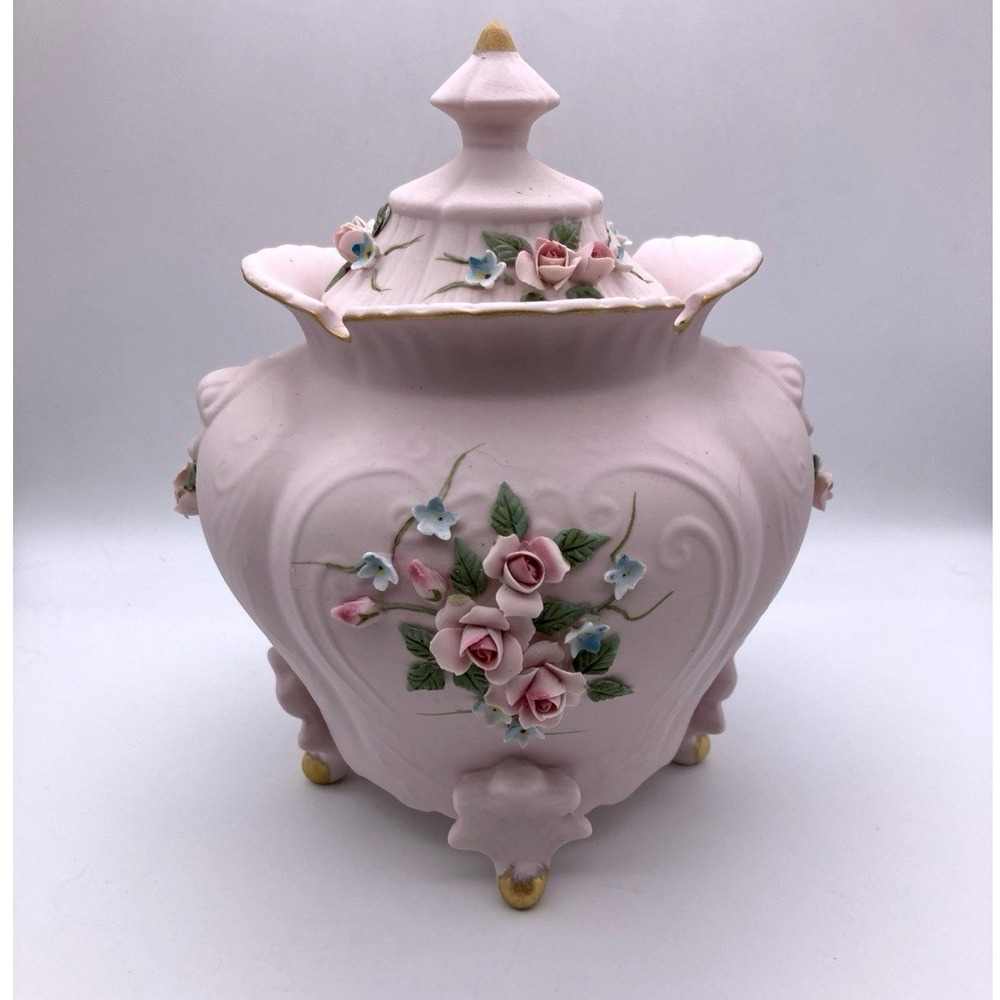 Vintage Lefton Pink Roses Bisque Jar Vase w/Lid #1038 Hand Painted Japan